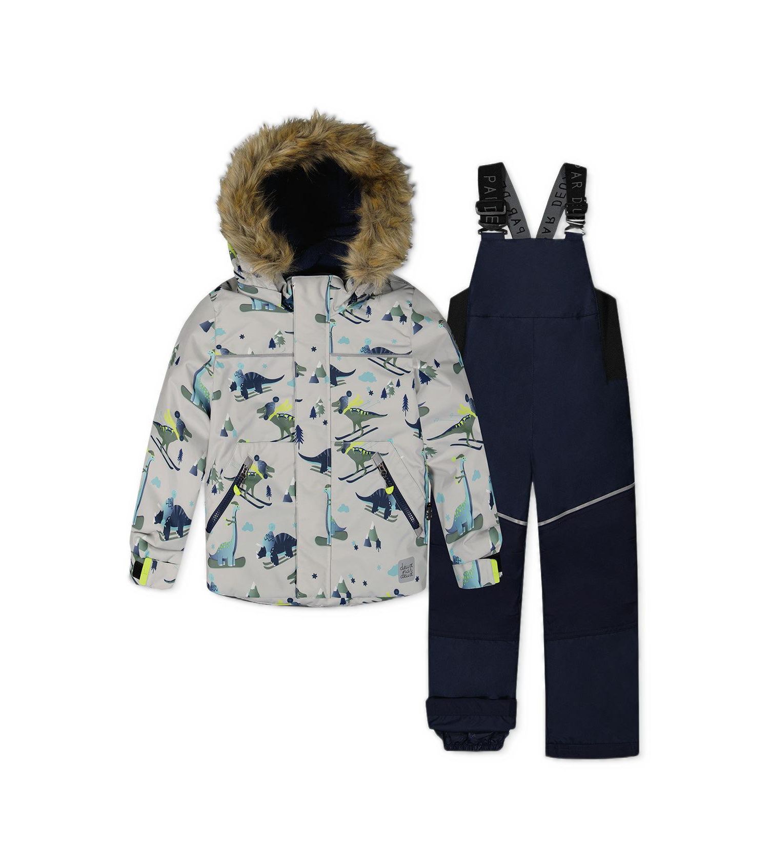 Little Boys 6-8 Two Piece Discover Snowsuit Grey Skiing Dinosaur Print