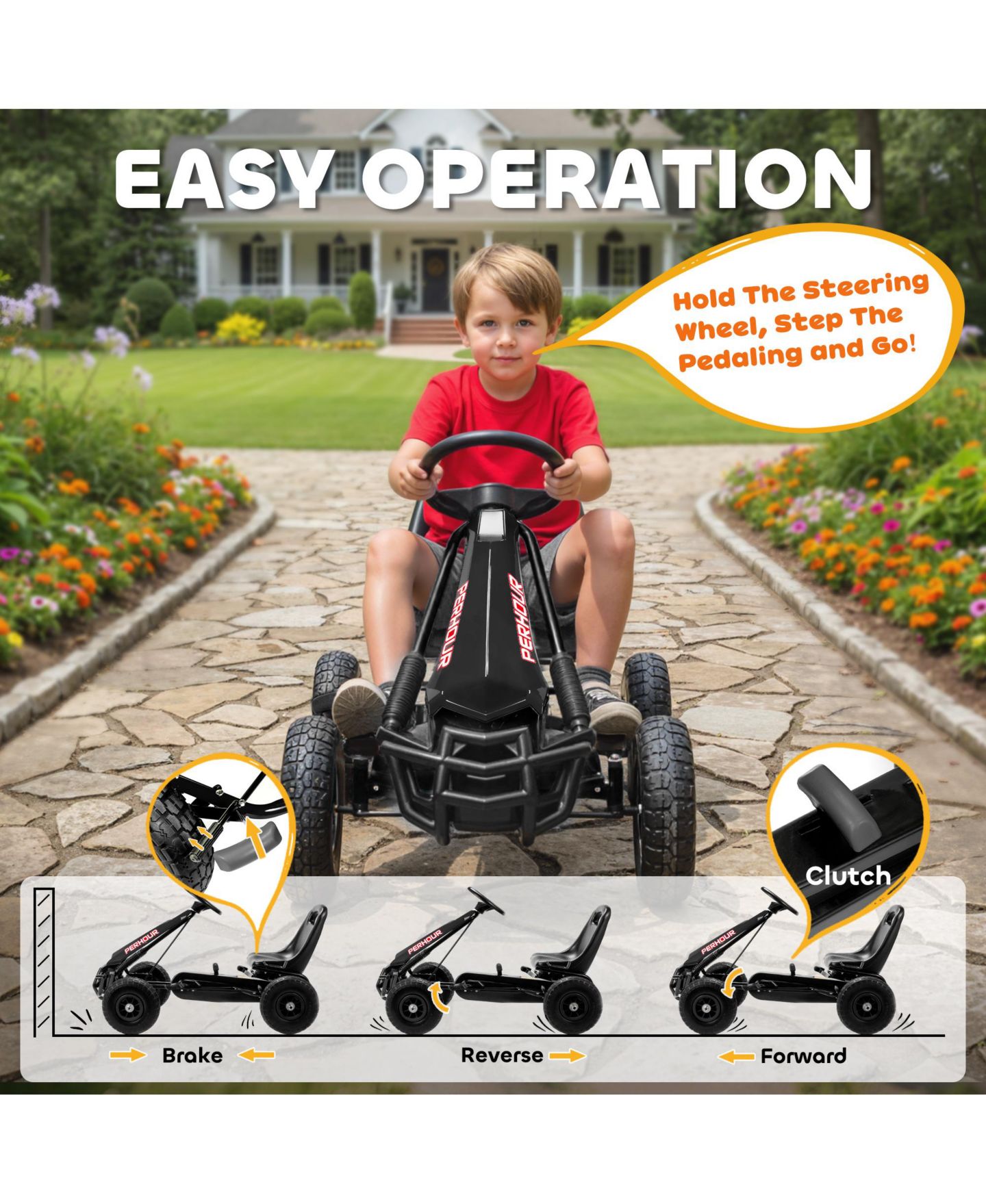 Детская игрушка Qaba Pedal-Powered Go Kart with Adjustable Seat and Eva Tires, 3–8 лет, цвет: Чёрный — фото 4