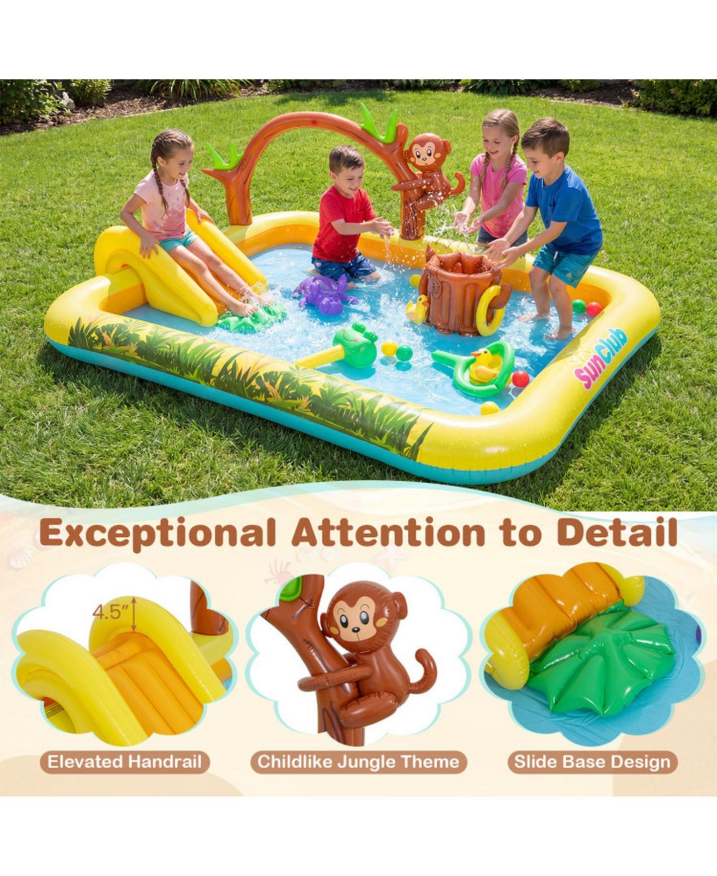 Детская игрушка SUGIFT Animal-Themed Inflatable Splash Pool with Slide and Interactive Water Sprayer Ages 2-6, цвет: Жёлтый — фото 4