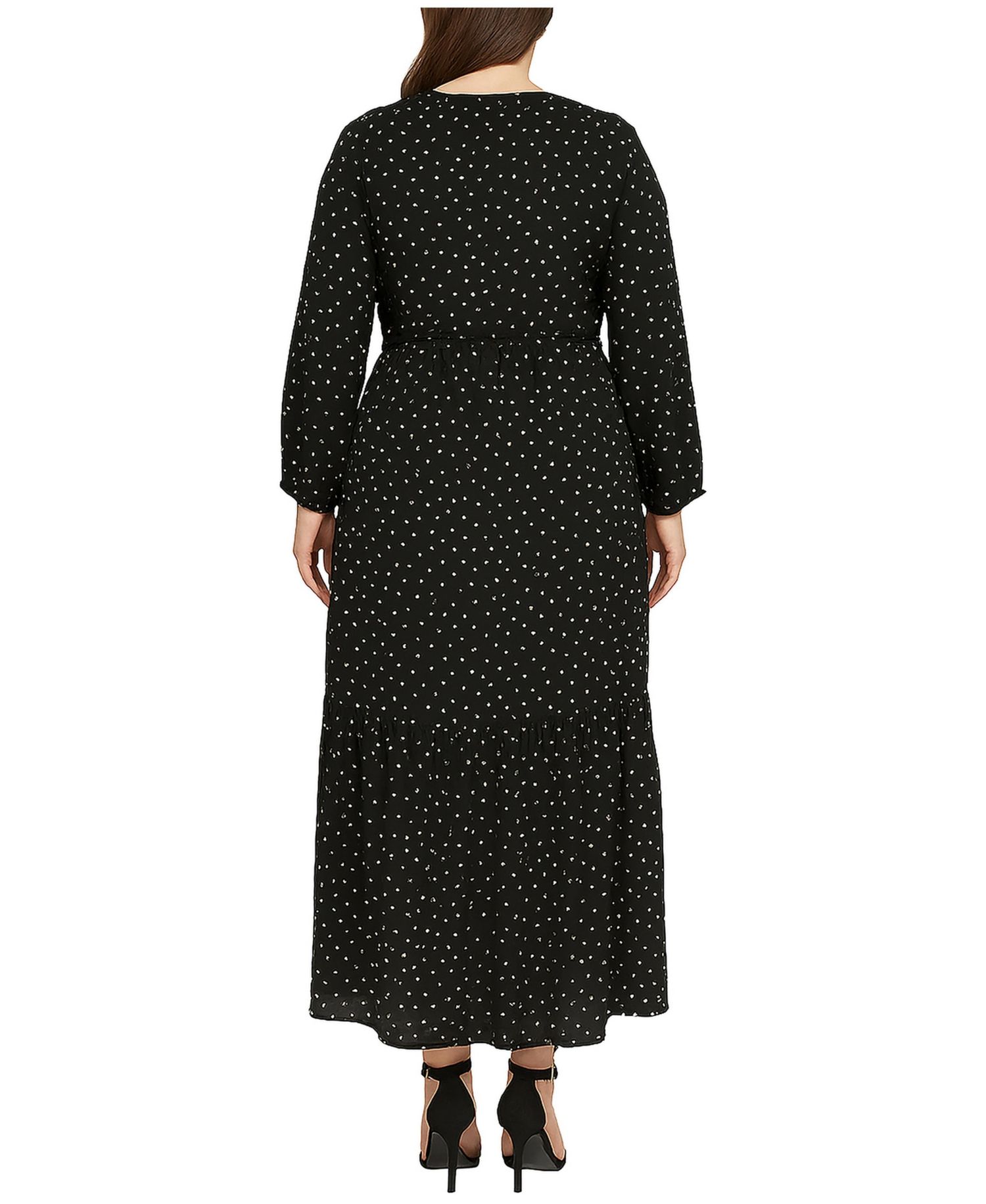 Plus Size Polka-Dot Long-Sleeve Embroidered Detail Maxi Dress
