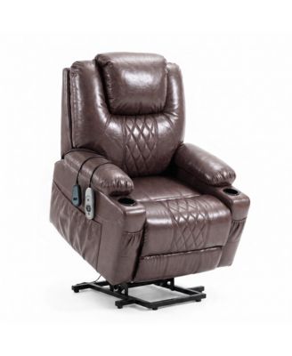 Power lift recliner with heat, massage, timer, PU leather, 165degree(s) recline, 8 massage zones and 5 vibration modes for elderly comfort.
