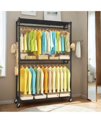 Garment Rack, Clothes Rack, Portable Closet Rack, 43.3-Inch Wide Clothing Rack, with Adjustable Mesh Shelves and Hanging Rails