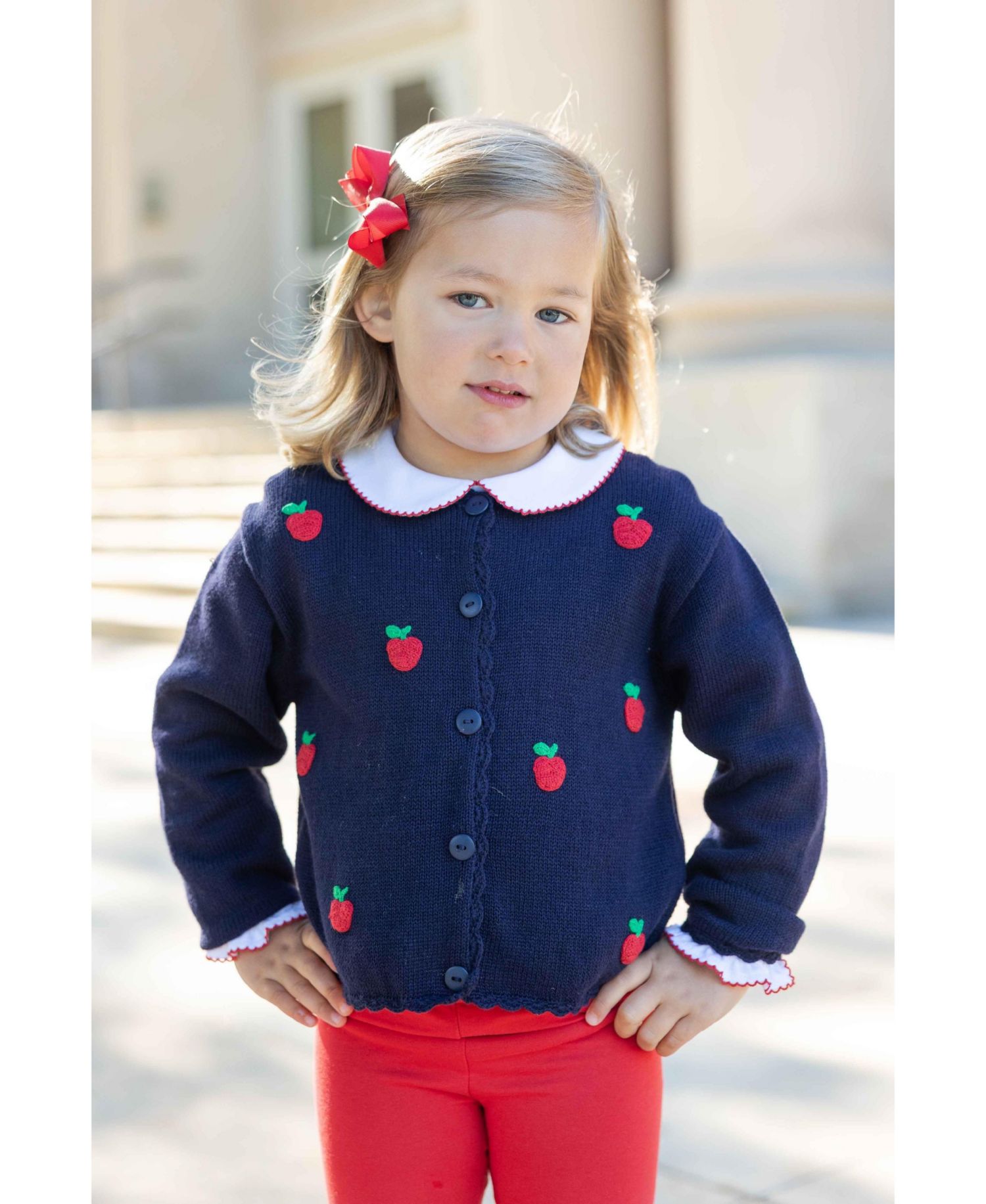 Toddler Girls' 2T-5T Long-Sleeve Crewneck Hand-Knit Red Apples Cardigan