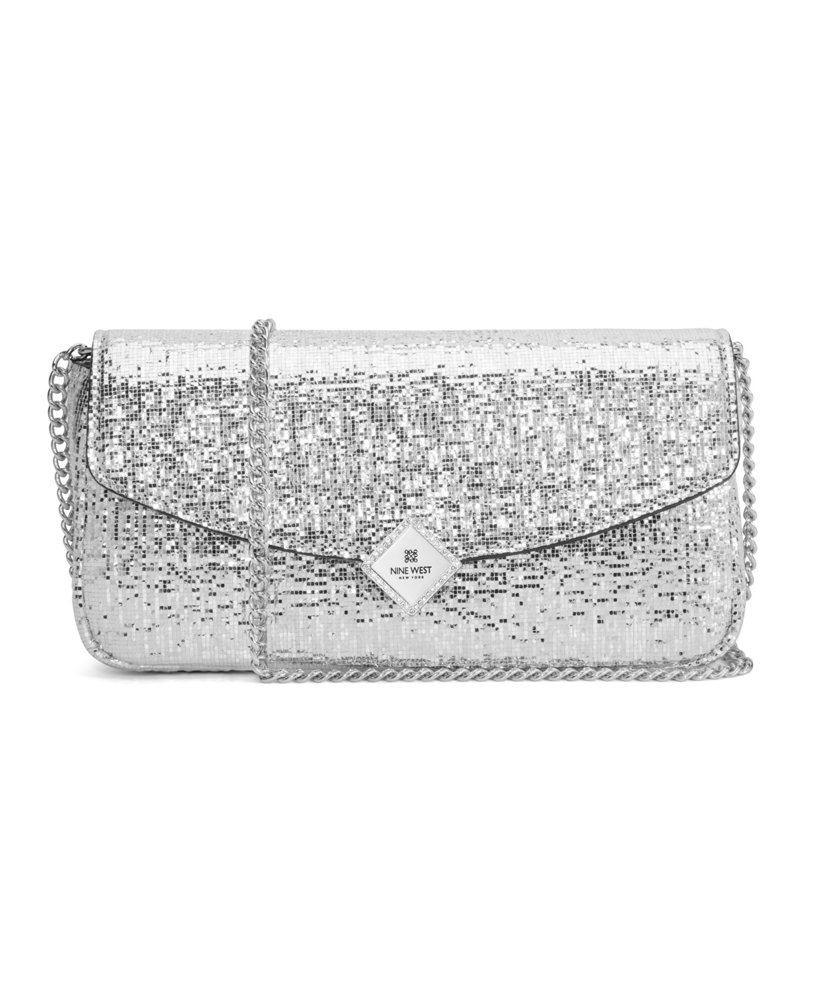 Nine West Kristina Faux Leather Phone Case Crossbody Chain Strap Clutch In Silver