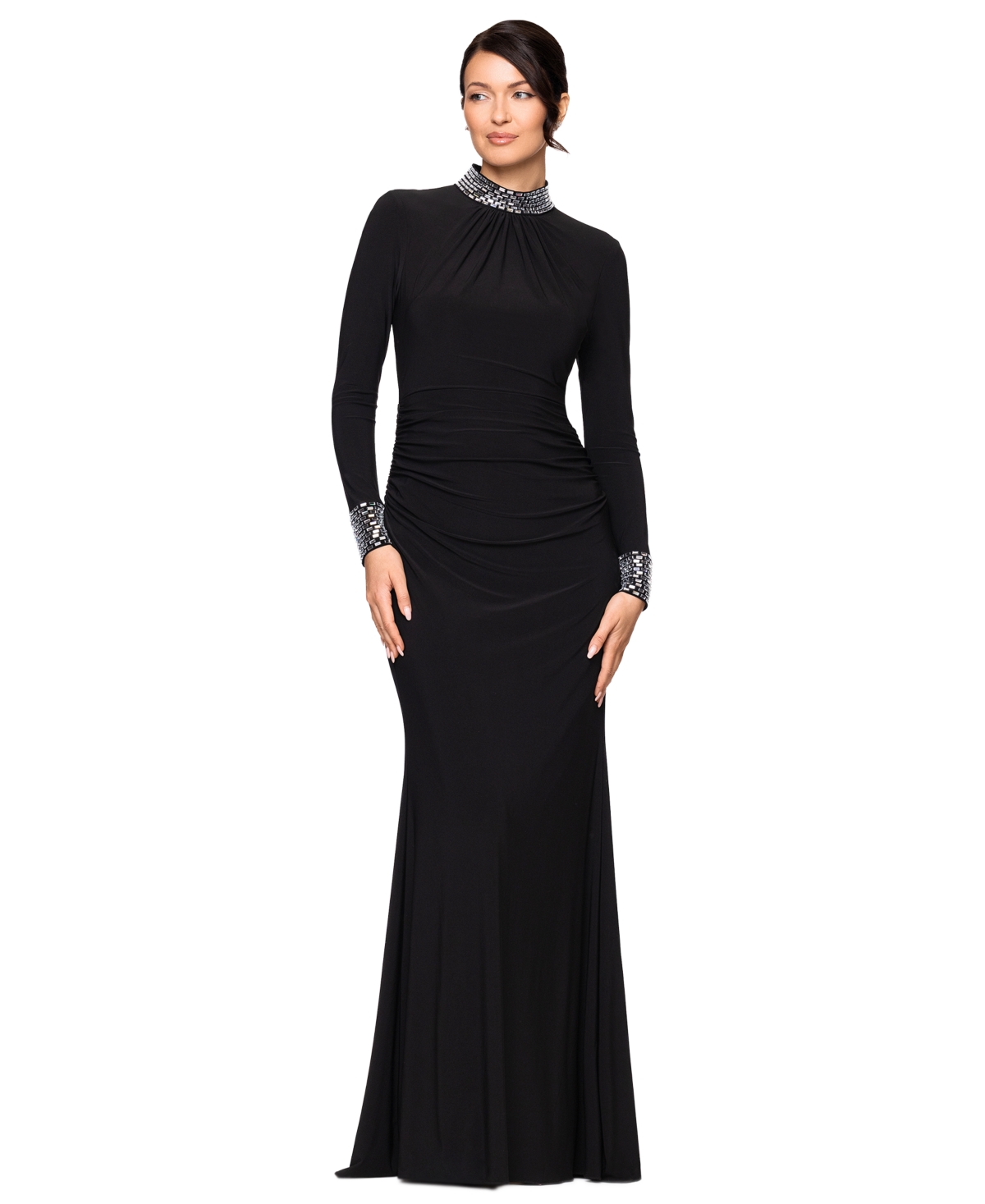 Betsy & Adam Petite Imani Mock Neck Embellished Long-Sleeve Gown - Black Silver