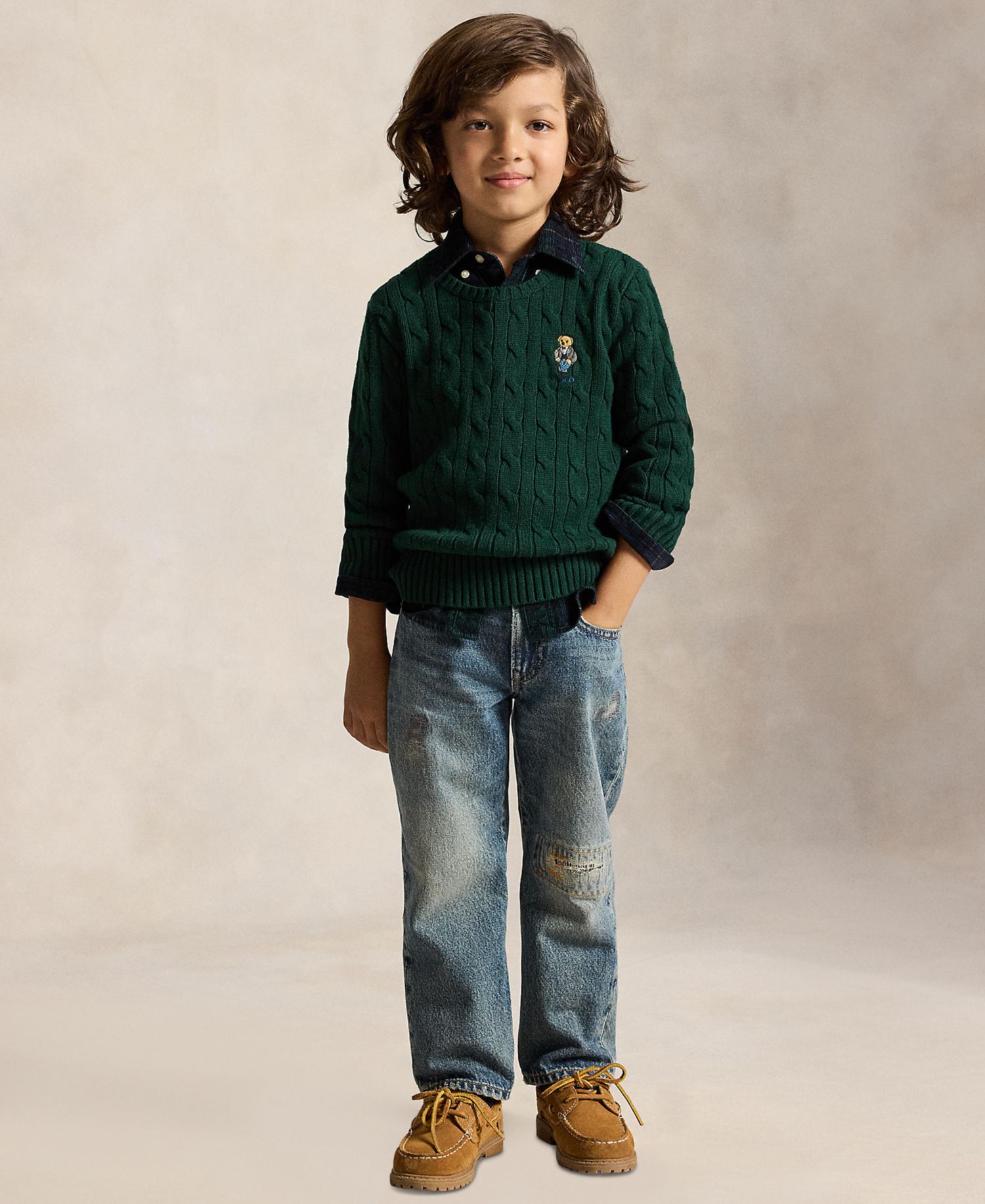 Boys' 2T-7 Polo Bear Cable-Knit Crewneck Sweater