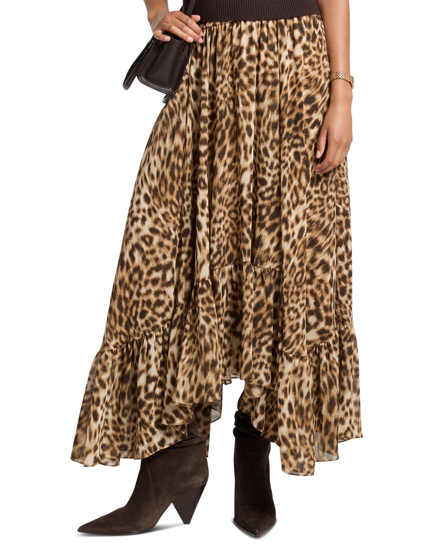 Женская юбка Michael Kors High-Low Leopard-Print, цвет: Тёмный верблюжий — фото 1