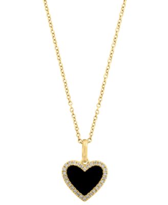 Diamond (1/10 ct. t.w.) and Onyx Heart Pendant Necklace in 14k Yellow Gold