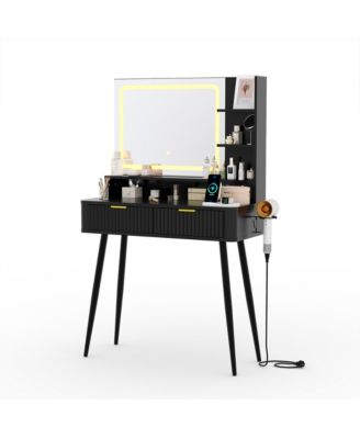 31" Fluted Vanity Desk with LED Mirror, 3 Color Modes, 2 Drawers, Power Outlet and Hairdryer Holder, Wooden Dressing Table