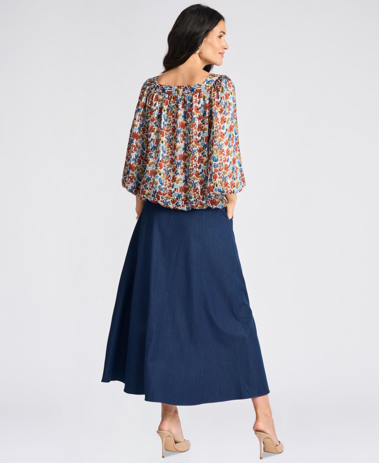 Женская блузка Vince Camuto Floral Square Neck 3/4-Sleeve Blouse, цвет: Джинсовый тёмно-синий — фото 9