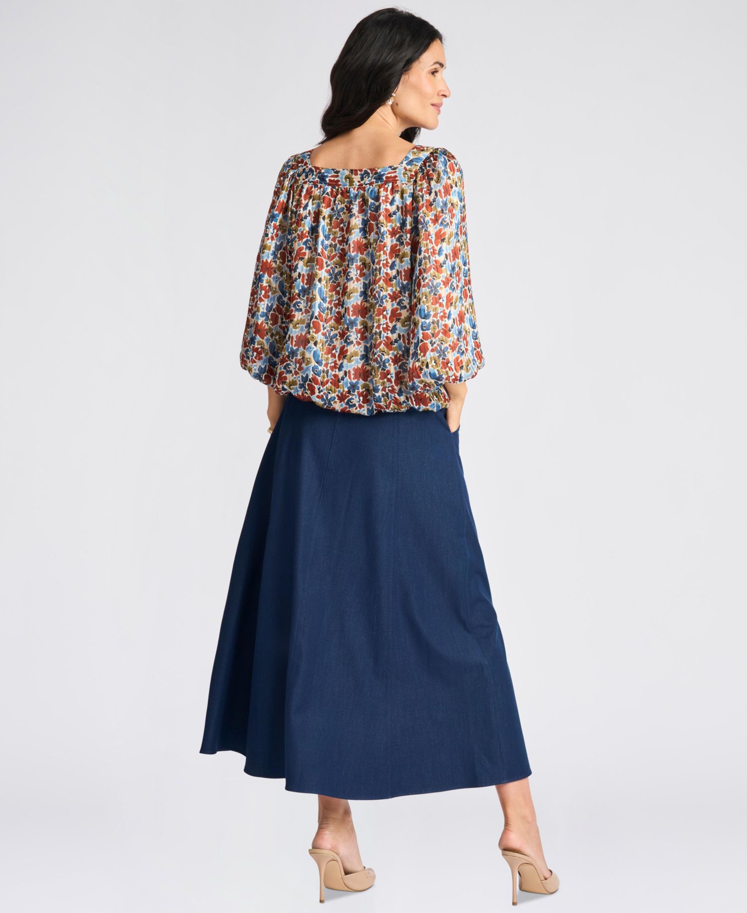 Women's Floral Square Neck 3/4-Sleeve Blouse