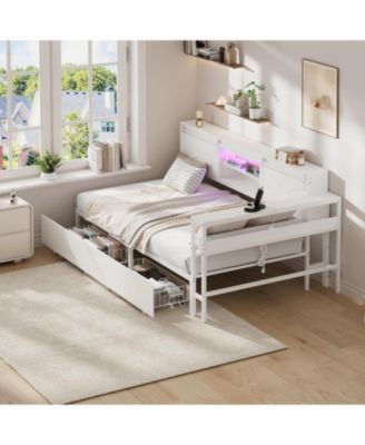 Twin Size Corner Bed Frame with Storage, Charging Station and RGB LED Light Metal Platform Bed Frame with 2 Storage Drawers, Adjustable Desk