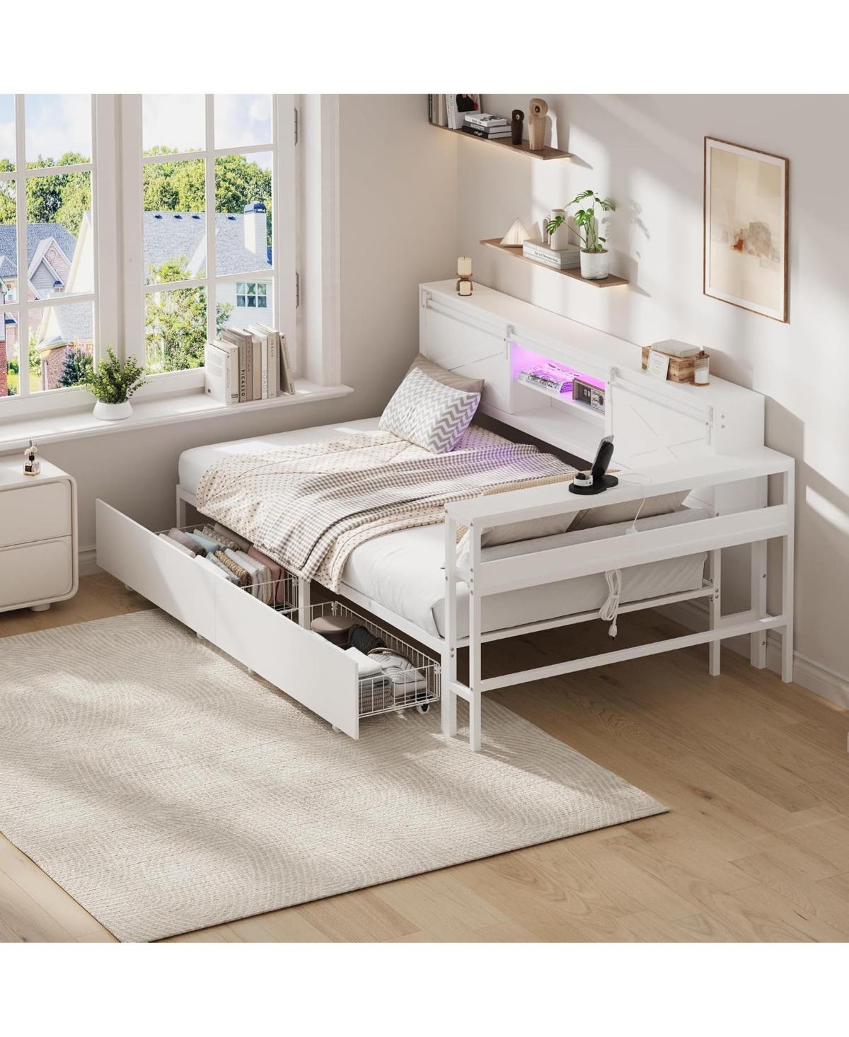 gaomon Twin Size Corner Bed Frame with Storage, Charging Station and Rgb Led Light Metal Platform Bed Frame with 2 Storage Drawers, Adjustable Desk -