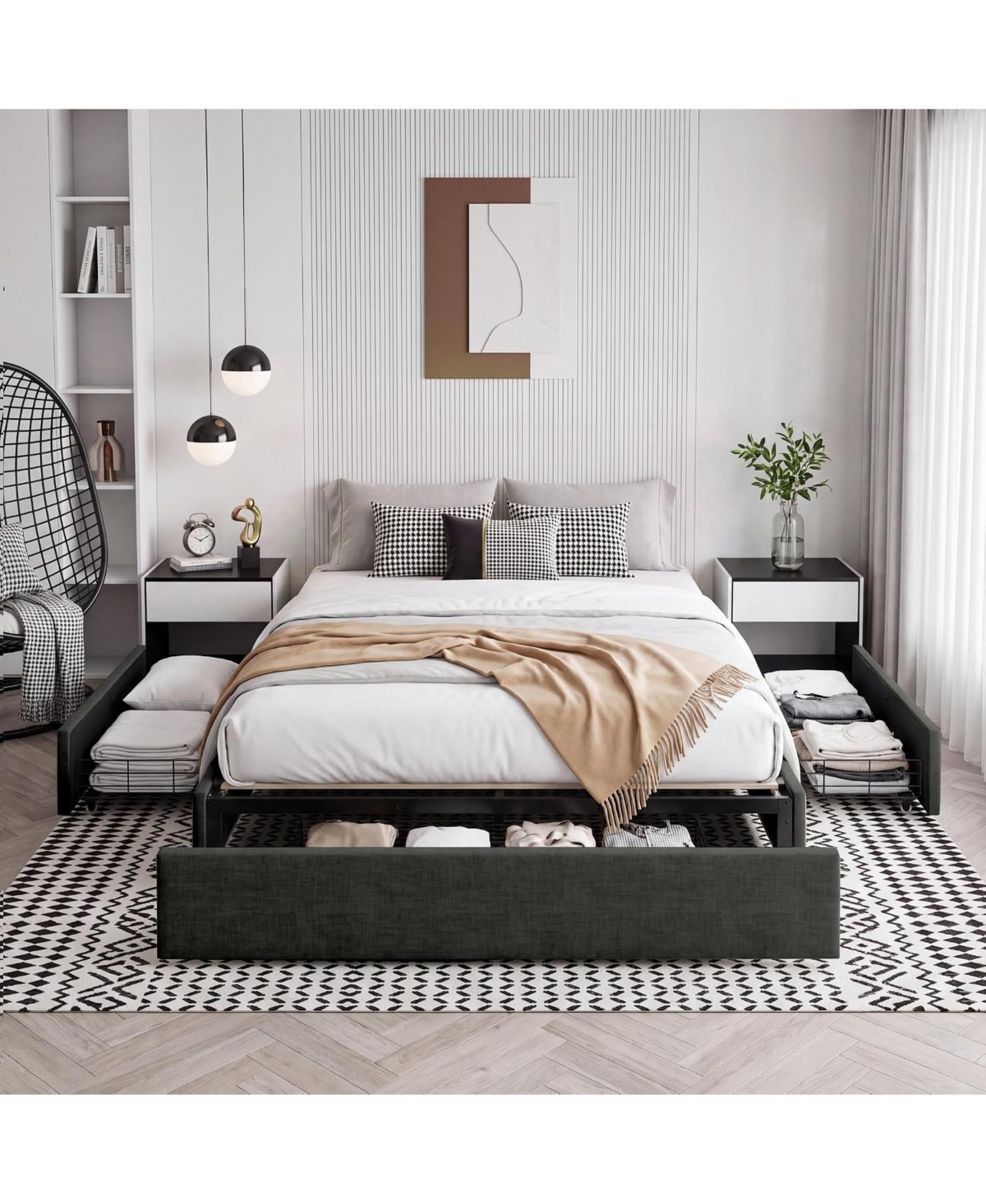 gaomon Queen Size Bed Frame with 3 Underbed Storage Drawers Platform, No Headboard, Mattress Foundation with Wooden Slat Support