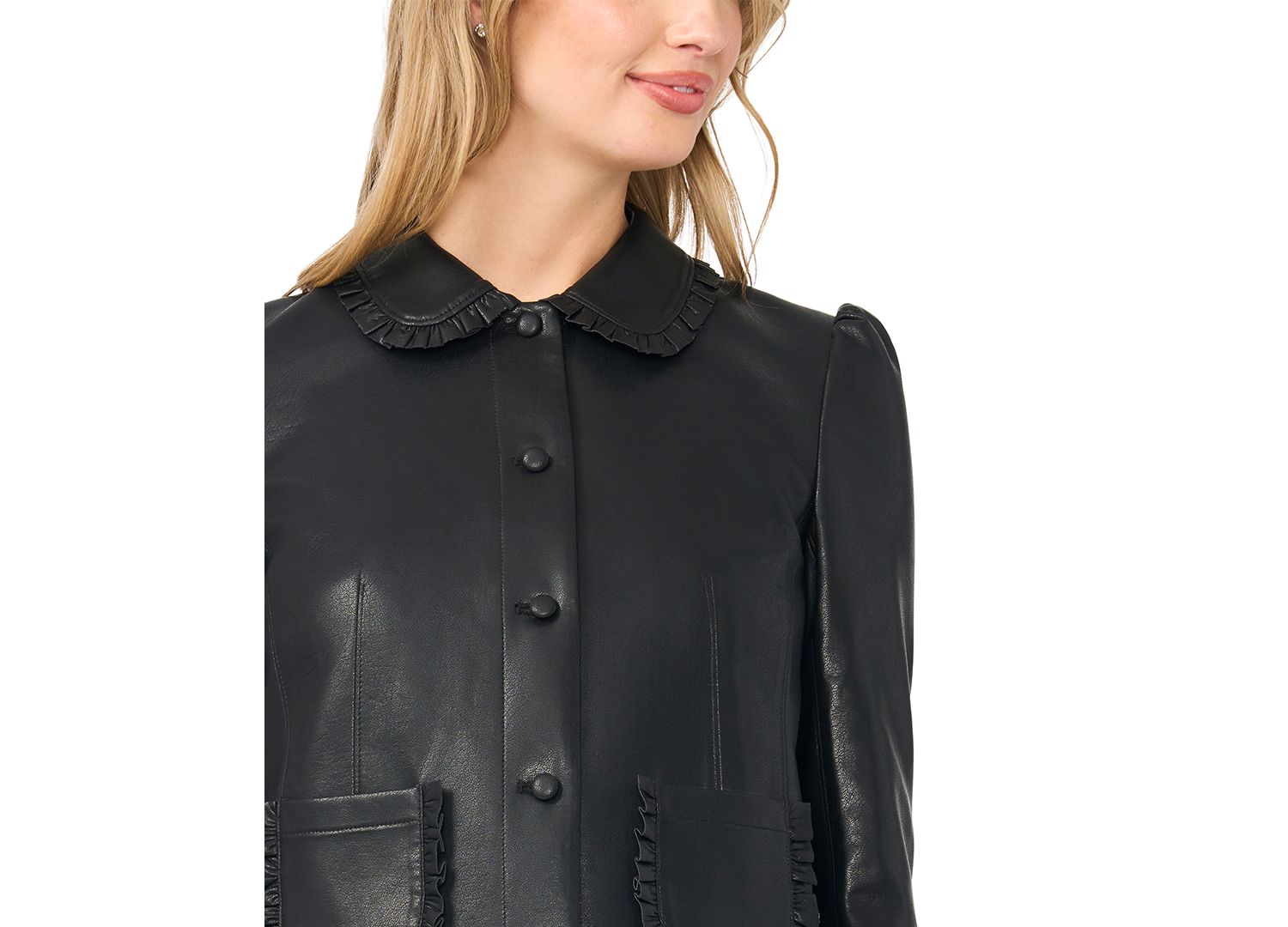 Women's Ruffle-Trim Puff-Shoulder Faux Leather Jacket