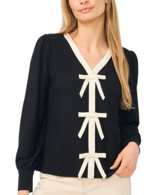 Women's Bow Front Long-Sleeve V-Neck Blouse