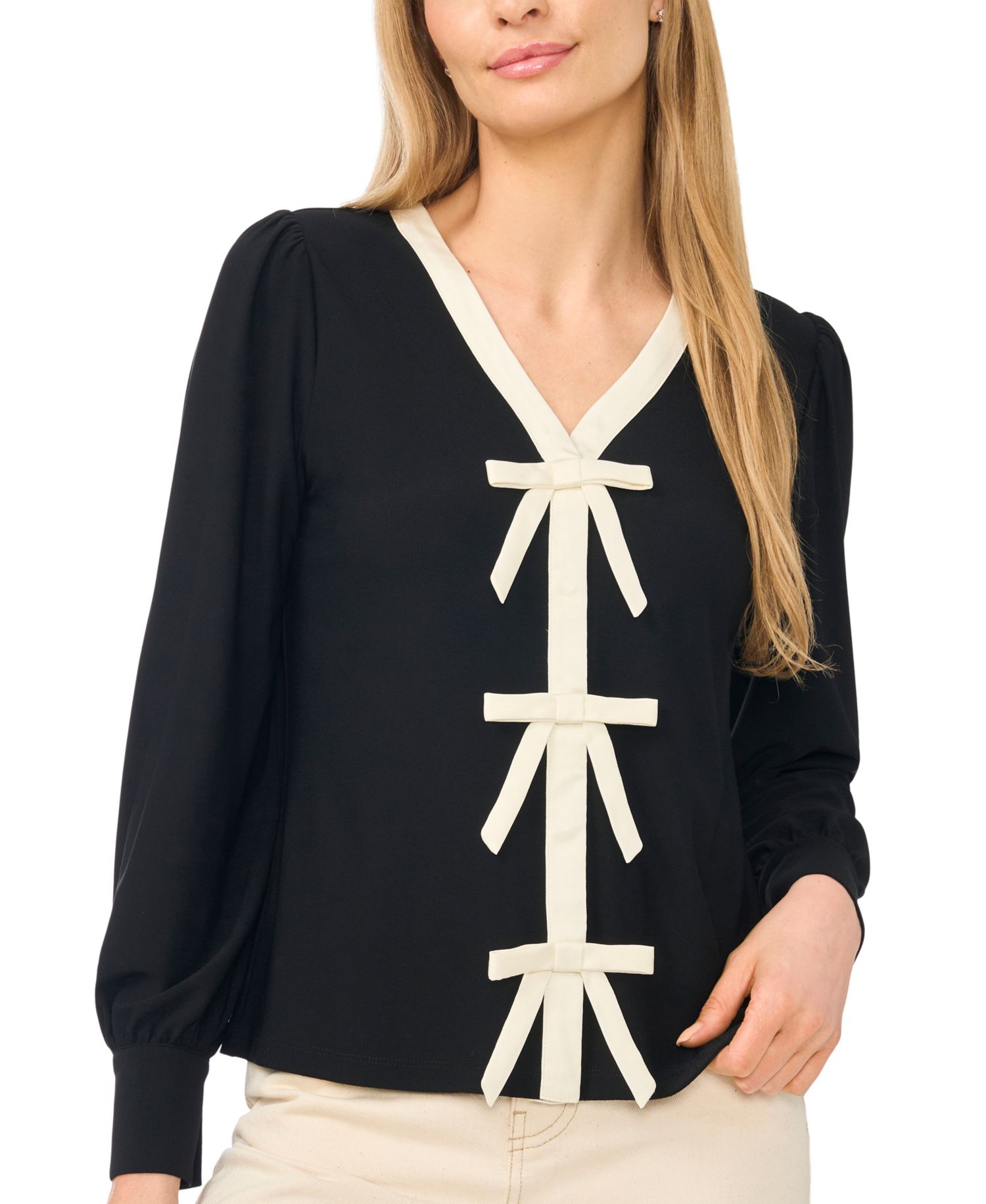 Women's Bow Front Long-Sleeve V-Neck Blouse