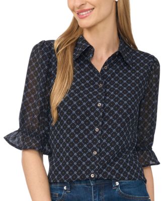 Women's Short-Sleeve Smocked Cuff Geometric-Print Button-Down Shirt