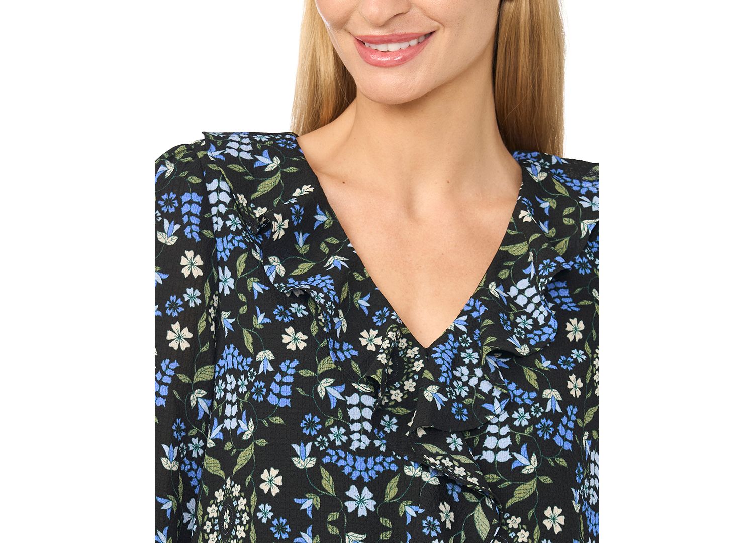 Women's Ruffled Long-Sleeve V-Neck Blouse