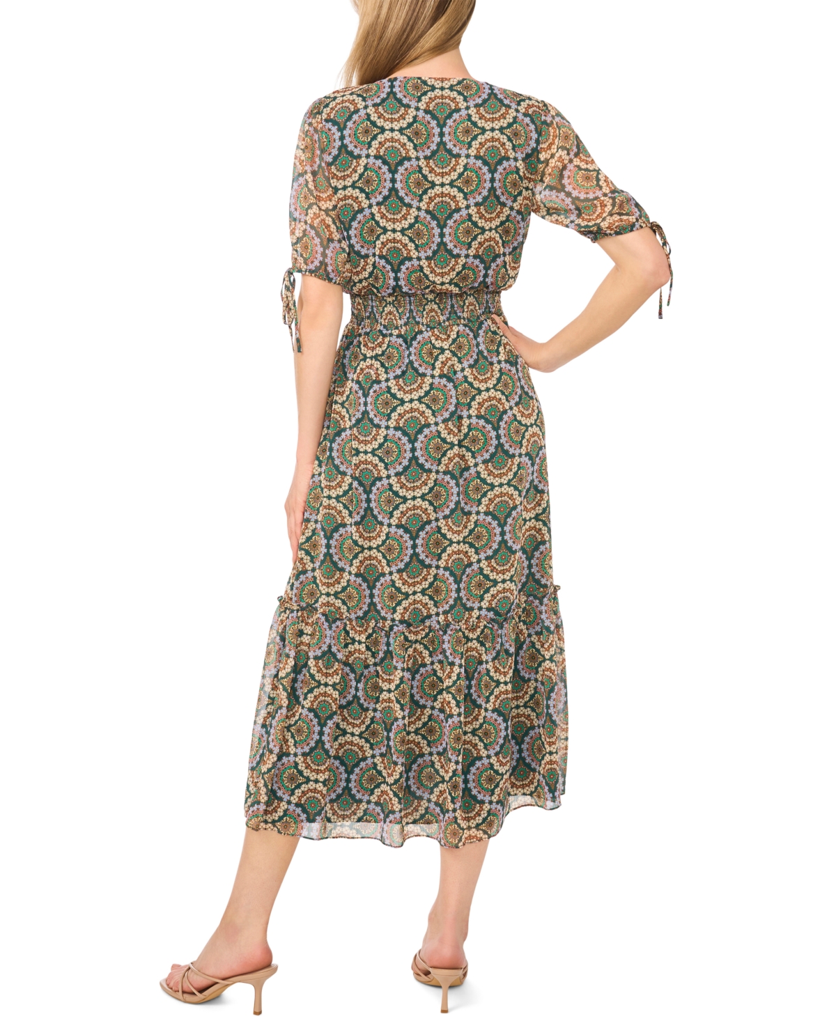 CeCe Women's Short-Sleeve V-Neck Smocked-Waist Midi Dress