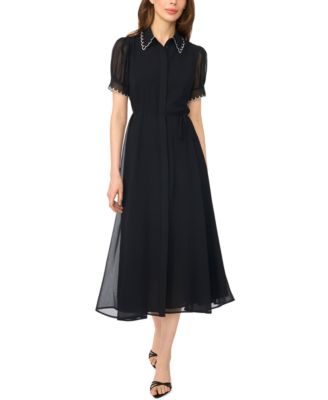 Women's Contrast Stitch S/S Scallop Midi Dress With Tie Waist