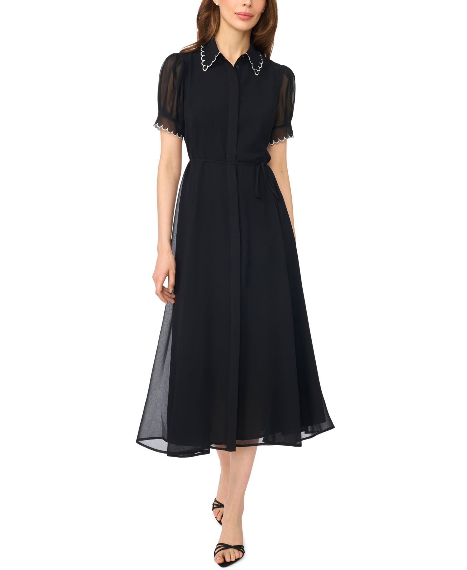 Women's Contrast Stitch Short-Sleeve Scallop Midi Dress with Tie Waist