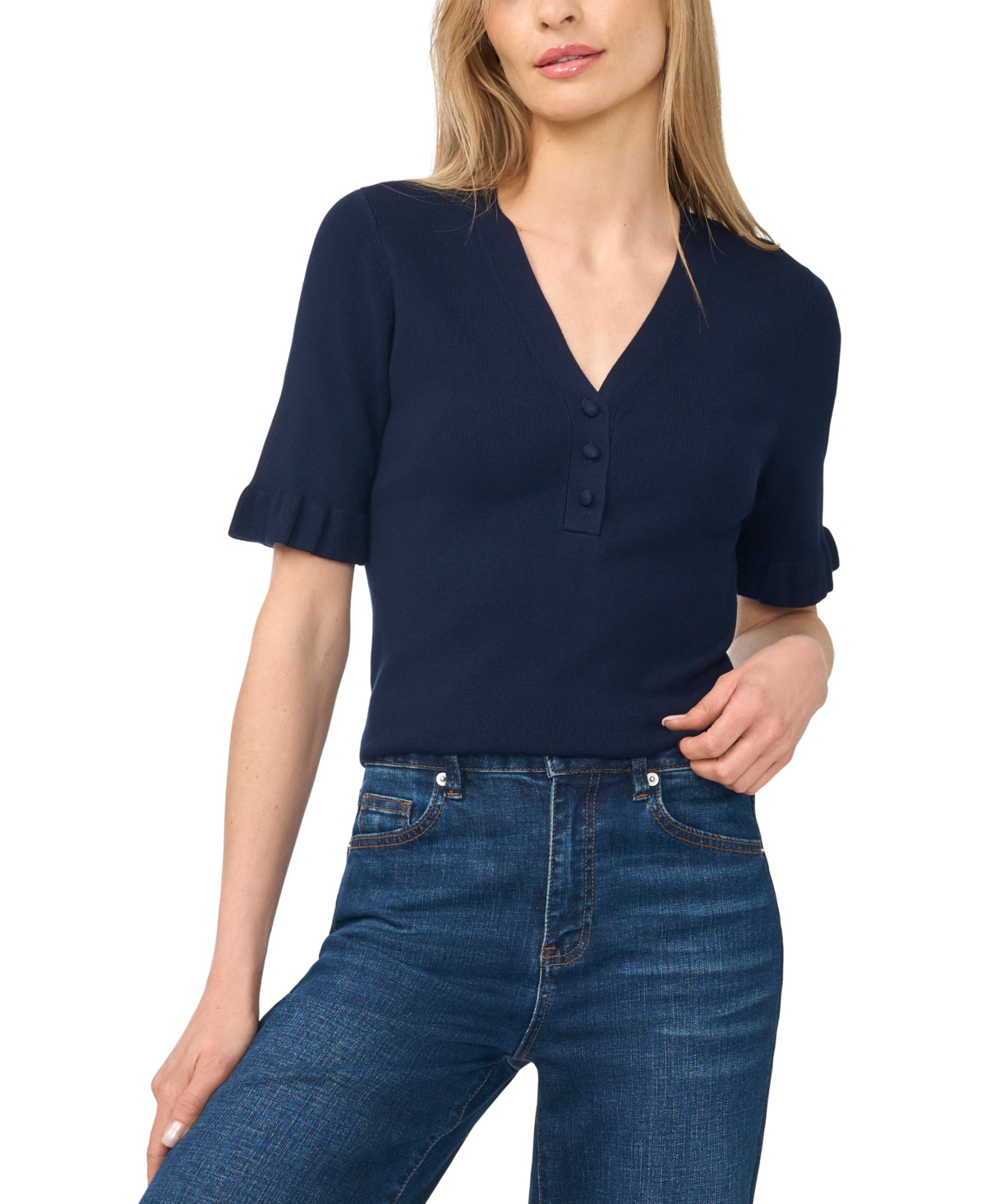 CeCe Women's V-Neck Elbow-Length Ruffle Sleeves Rayon Sweater