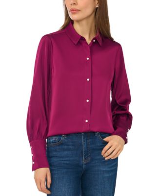 Women's Luxe Satin Imitation Pearl Button Down Blouse