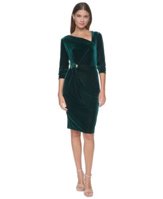 Women's Velvet Asymmetrical Neckline Midi Dress