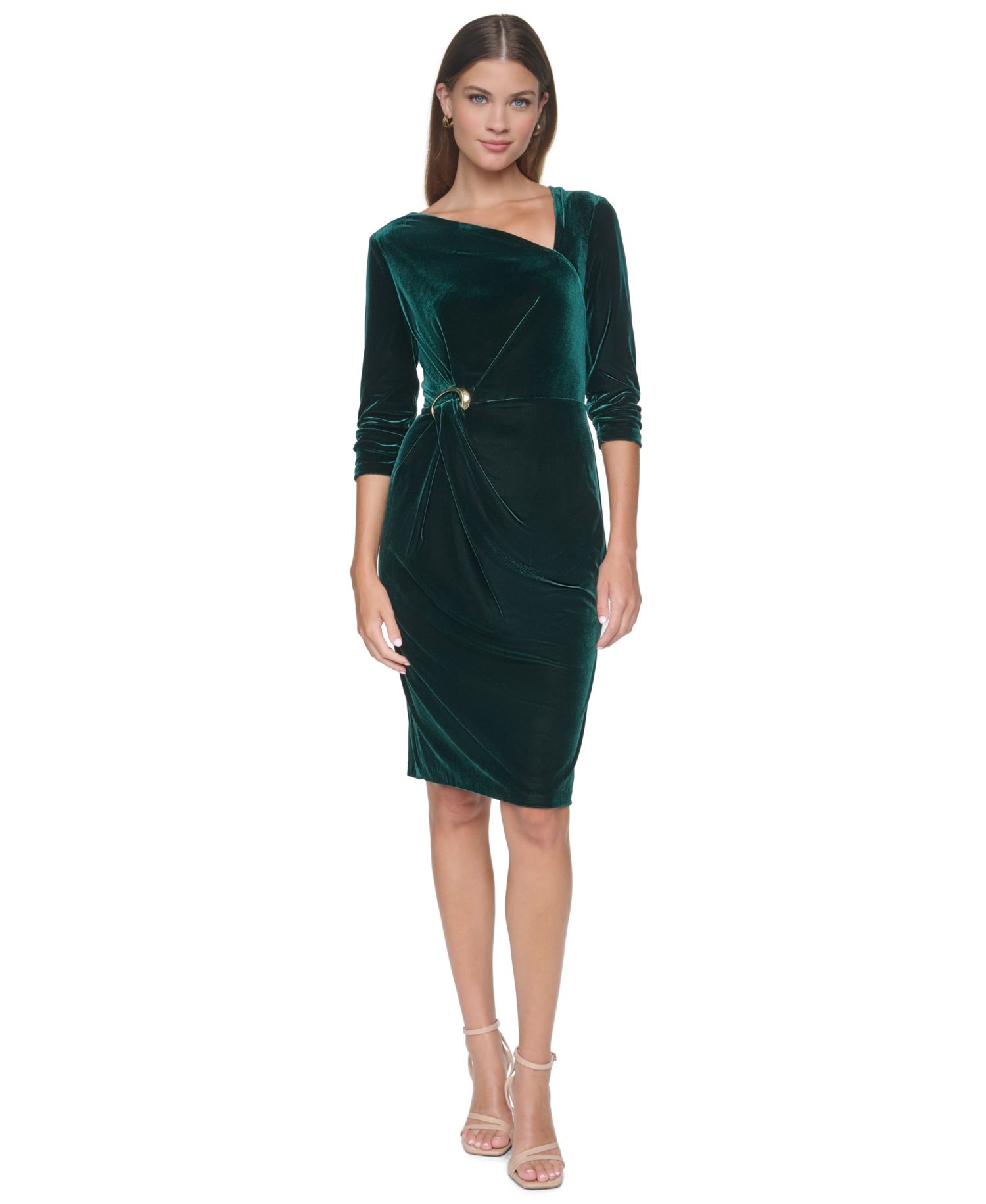 Women's Velvet Asymmetrical Neckline Midi Dress
