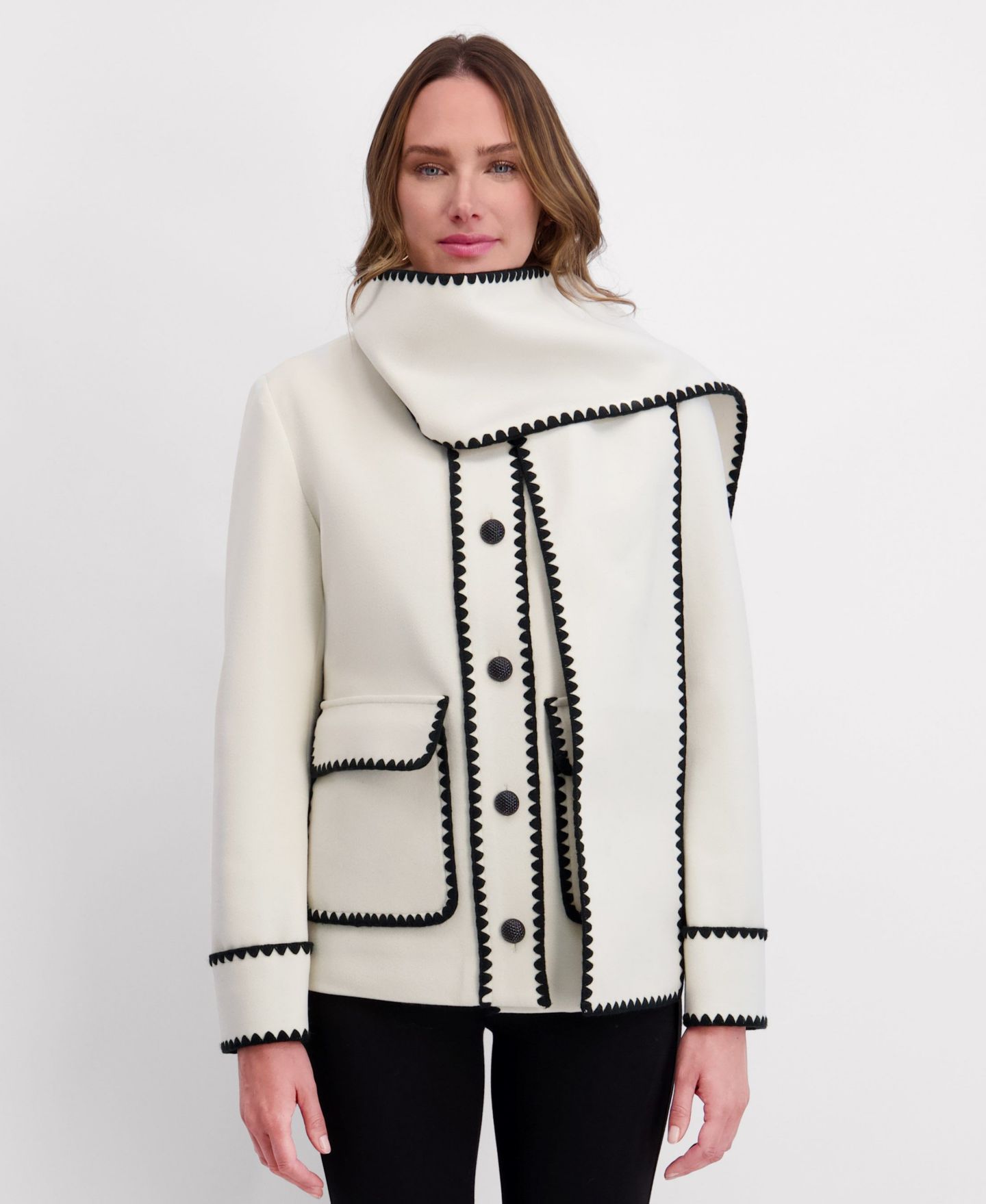 Женская куртка Kensie Scarf Collar Faux Wool Jacket with Whipstitch Detail, цвет: Чёрный / Белый — фото 2