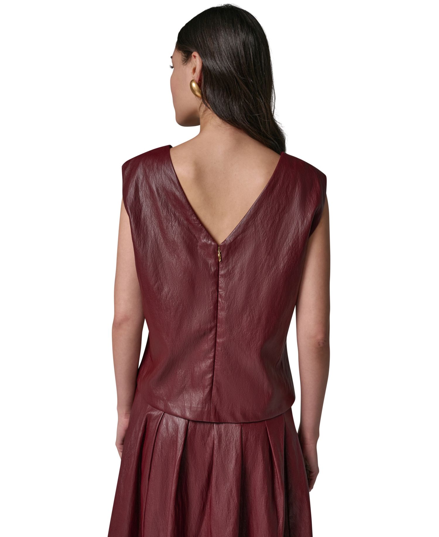 Women's Faux-Leather Sleeveless V-Back Blouse