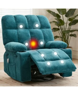 Oversized Swivel Rocker Recliner With Heat and Massage, 8 Vibration Massage Nodes, Lumbar Heat Therapy, Soft Fabric, Cup Holders, For Living Room