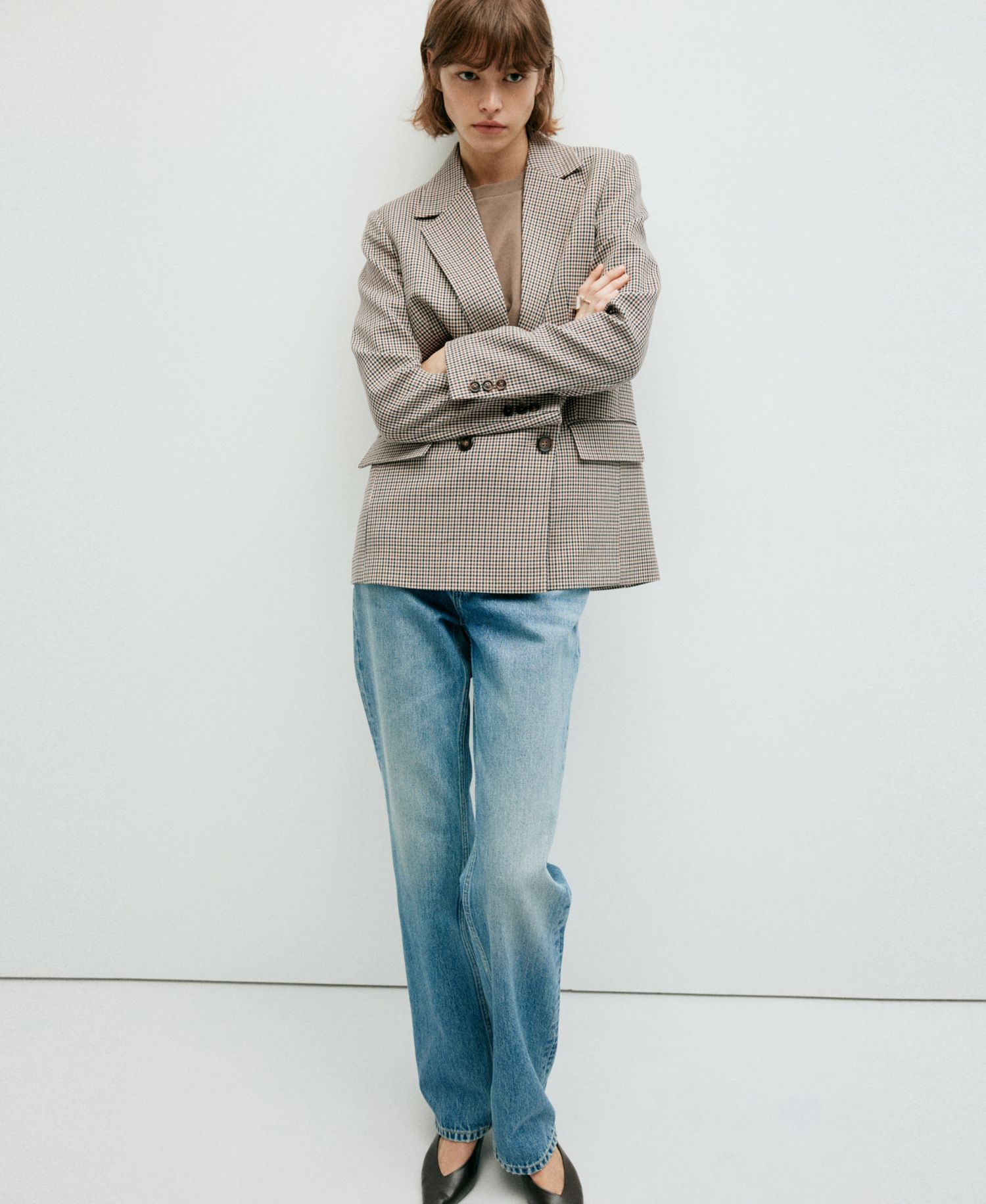 Women's Double-Breasted Micro-Houndstooth Notched Lapel Collar Blazer