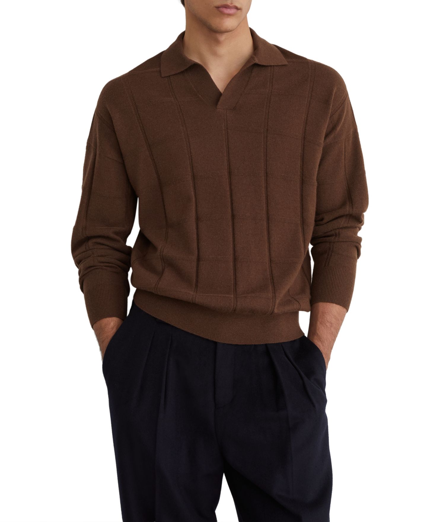 Мужской свитер REISS Compton Square-Knit Dropped-Shoulder Wool Polo Jumper, цвет: Табачный коричневый — фото 1