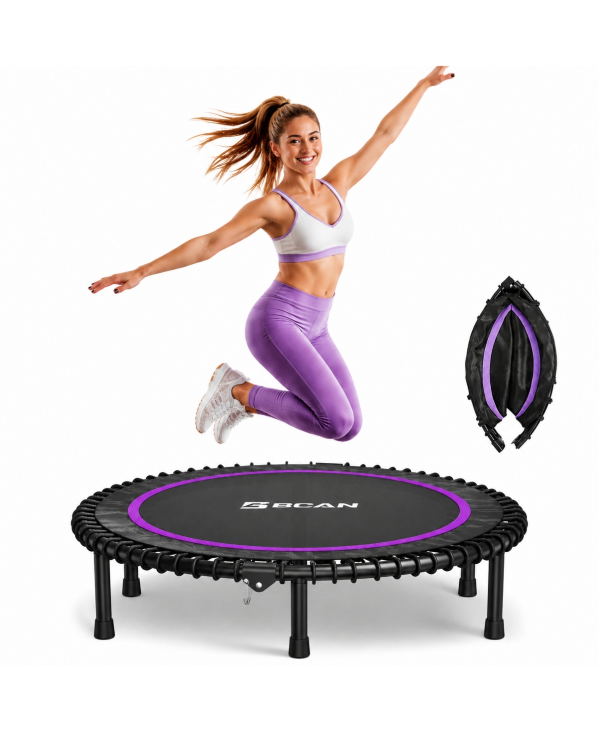 Bcan BT2 450LBS Foldable Mini Trampoline for Adults, 40 Inch Fitness Rebounder with Bungees, Quiet Stable Exercise Trampoline