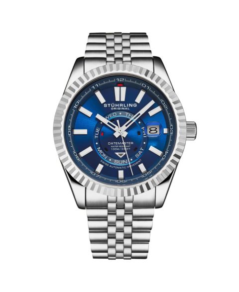 Часы Stuhrling Datemaster II Men s Swiss Automatic 42mm Stainless Steel Watch, Blue Dial, Fluted Bezel, Day & Date, 100M Water Resistant