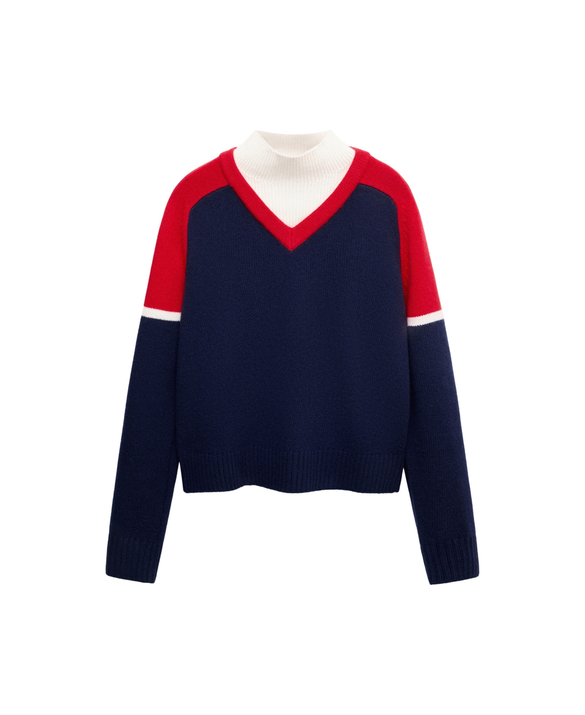 Mango Women's High Neck Contrast-Overlay Wool-Blend Sweater - Navy