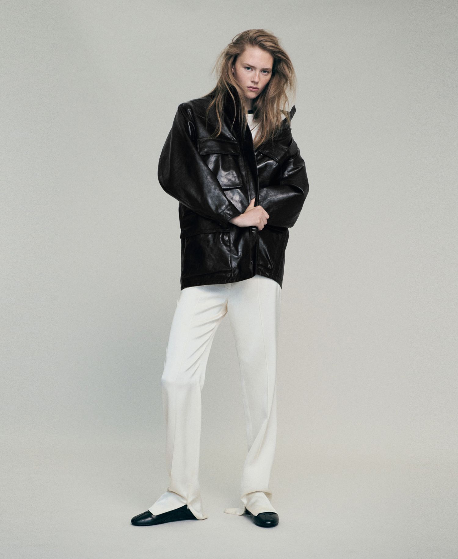 Women's Selection Oversized Funnel-Neck Leather Parka