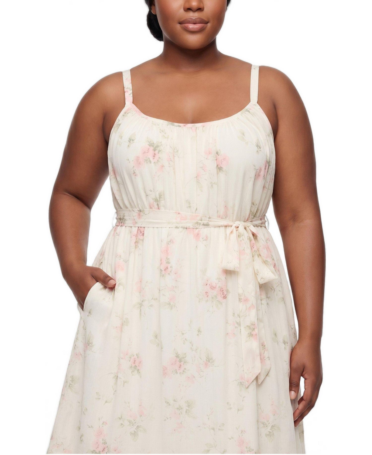 Plus Size Tea-Length Floral Scoop-Neck Dress