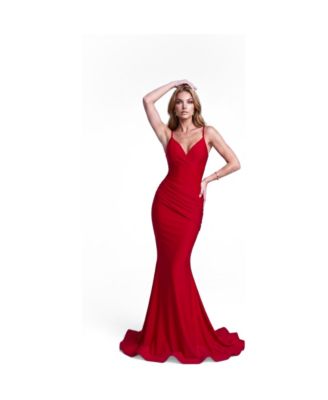 Women's Plunge-Neck Ruched Mermaid Gown