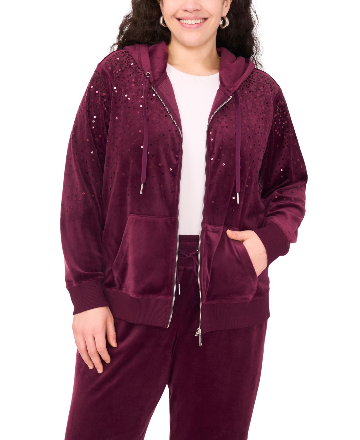 Plus Size Velour Zip-Front Hoodie Jacket