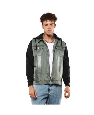 Men's Light-Wash Hooded Denim Jacket With Sweatshirt-Style Sleeves