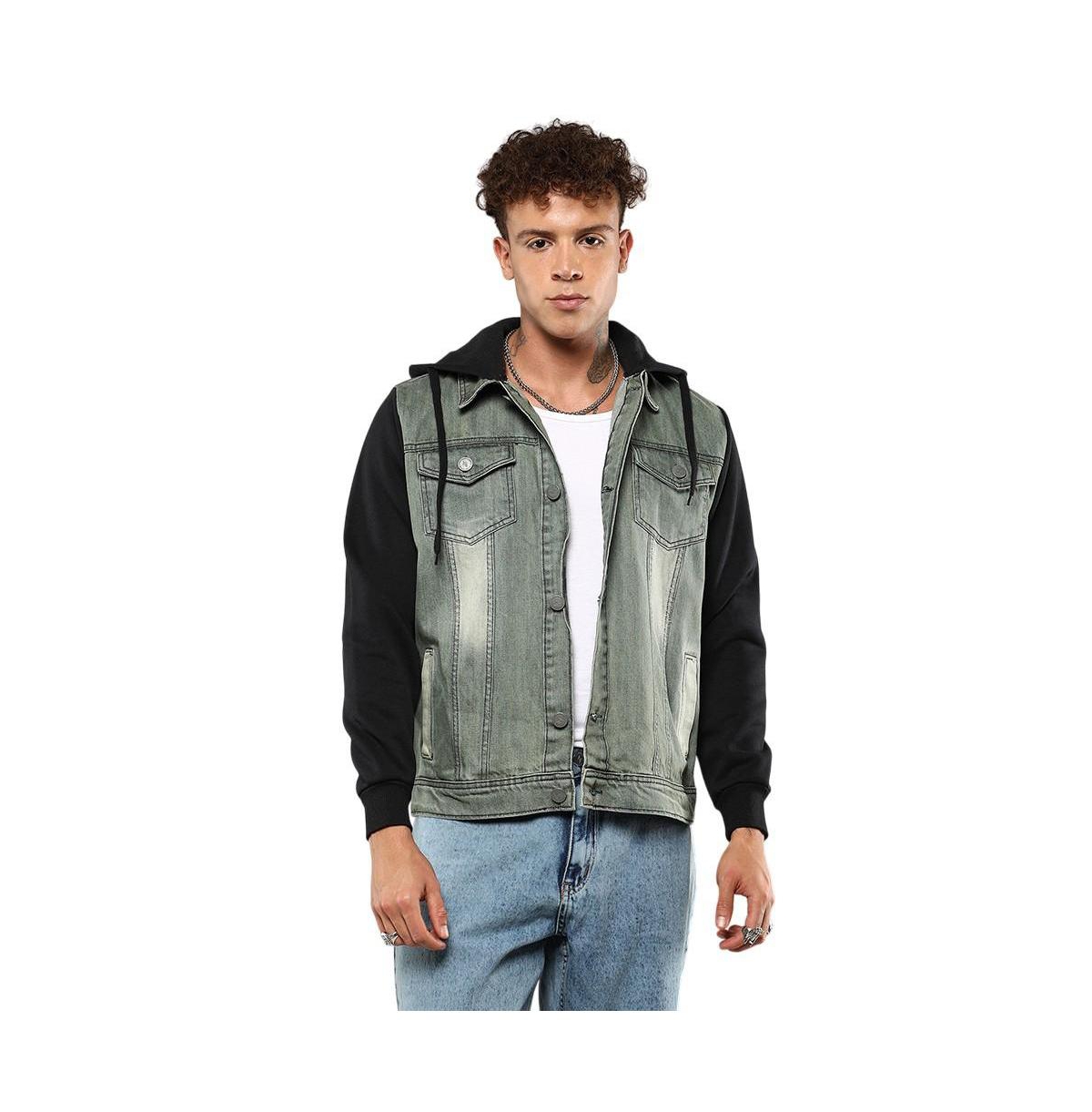 Campus Sutra Men's Light-Wash Hooded Denim Jacket With Sweatshirt-Style Sleeves - Black