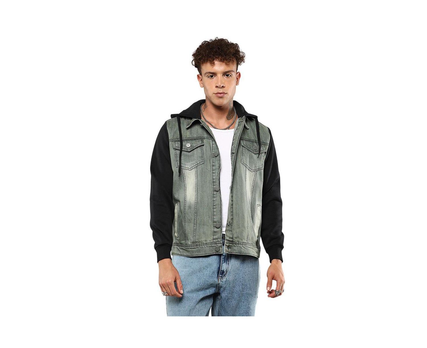 Men's Light-Wash Hooded Denim Jacket With Sweatshirt-Style Sleeves