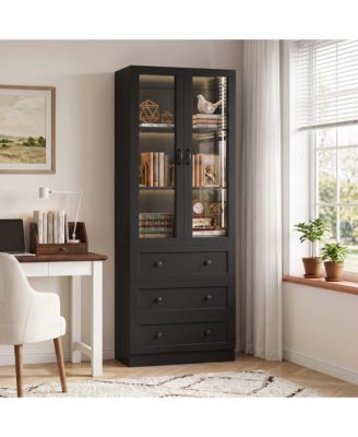 Wooden Bookcase with LED Lights and 3 Drawers, Display Cabinet with Glass Doors