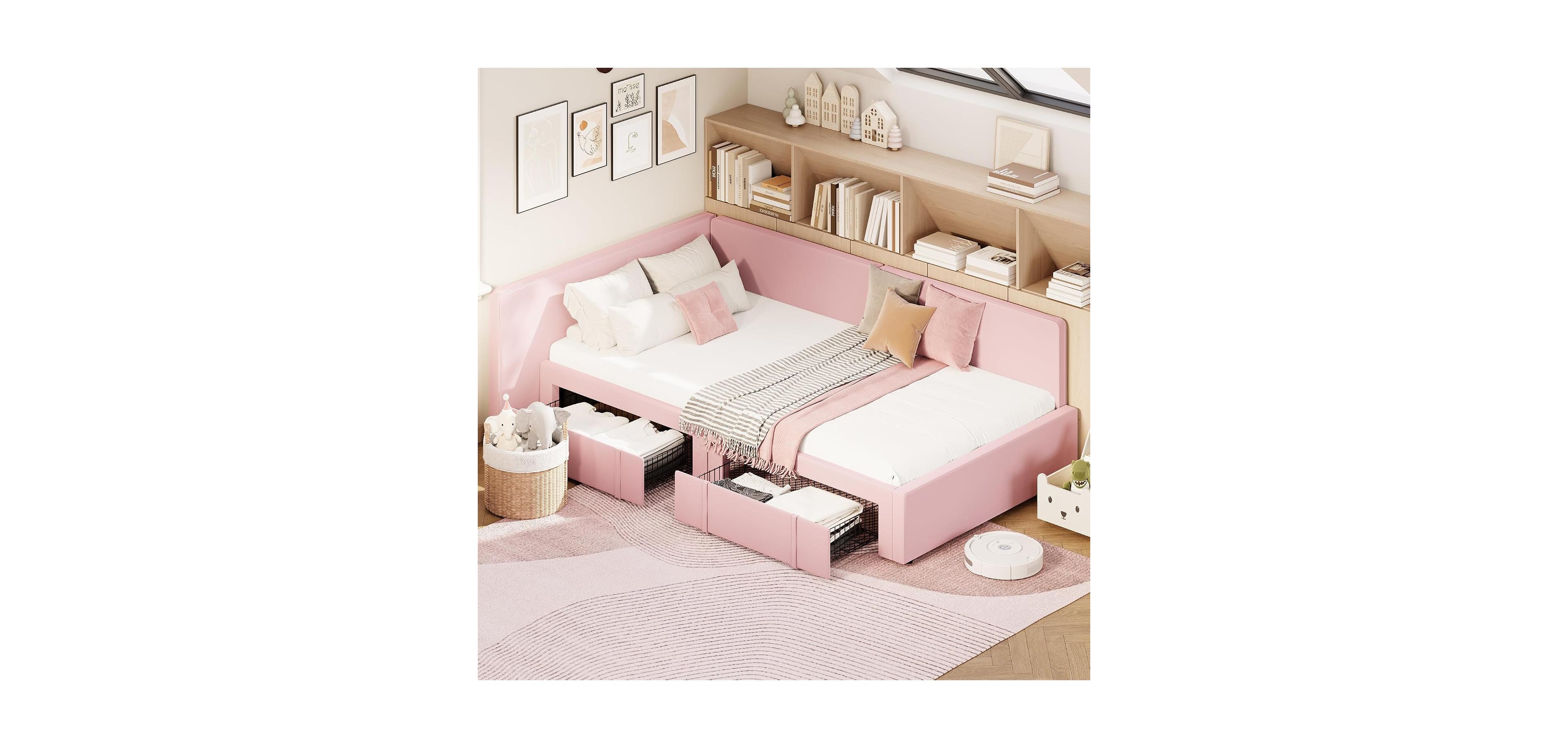 gaomon Twin Daybed with 2 Storage Drawers, Corner Bed Frame with Extended Headboard and Bed Rails, Velvet Upholstered Sofa Bed with Guardrail