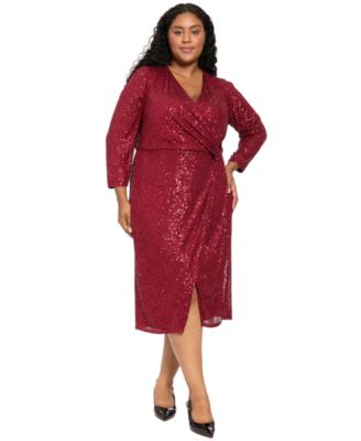 Plus Size Side Twist Long-Sleeve Sequin Wrap Dress