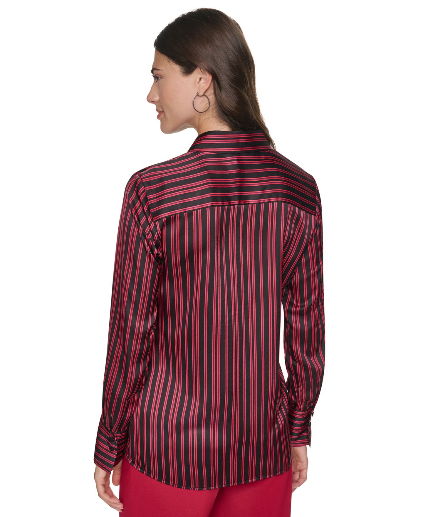 Женская блузка DKNY Petite Tie-Neck Button-Down Satin Long-Sleeve Blouse, цвет: Чёрный / Клюквенный — фото 5