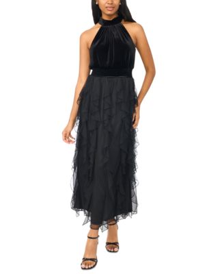 Petite Velvet Chiffon Combo Halter Tiered-Ruffle Midi Dress